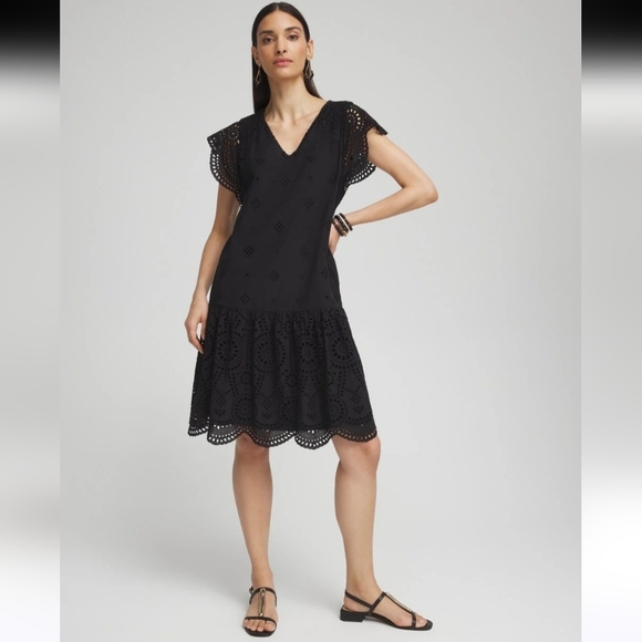 EUC CHICO'S EYELET SCALLOP HEM DRESS BLACK SZ 3.5 (18) - Picture 1 of 12